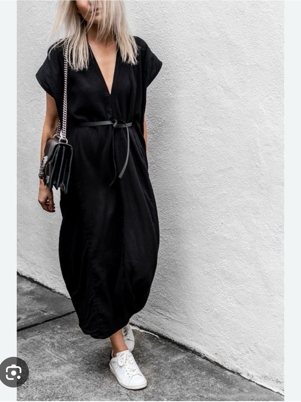 Miranda Bennett Studio Knot dress Black V-Neck Midi Dress with Self-Tie Belt